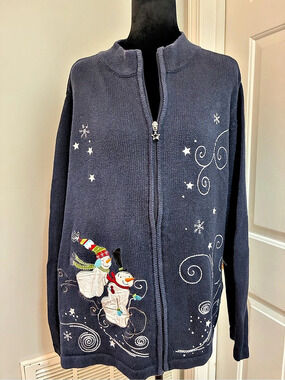 CJ Banks Embroidered Snowman Cardigan Blue 1X